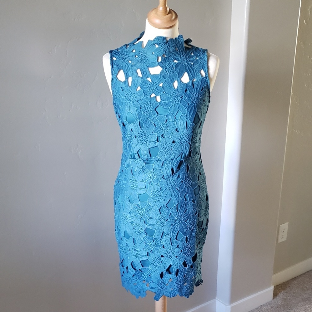 Teal lace TOV mini high neck dress S